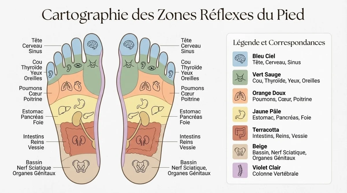 [image : cartographie des zones réflexes du pied avec correspondances aux organes]