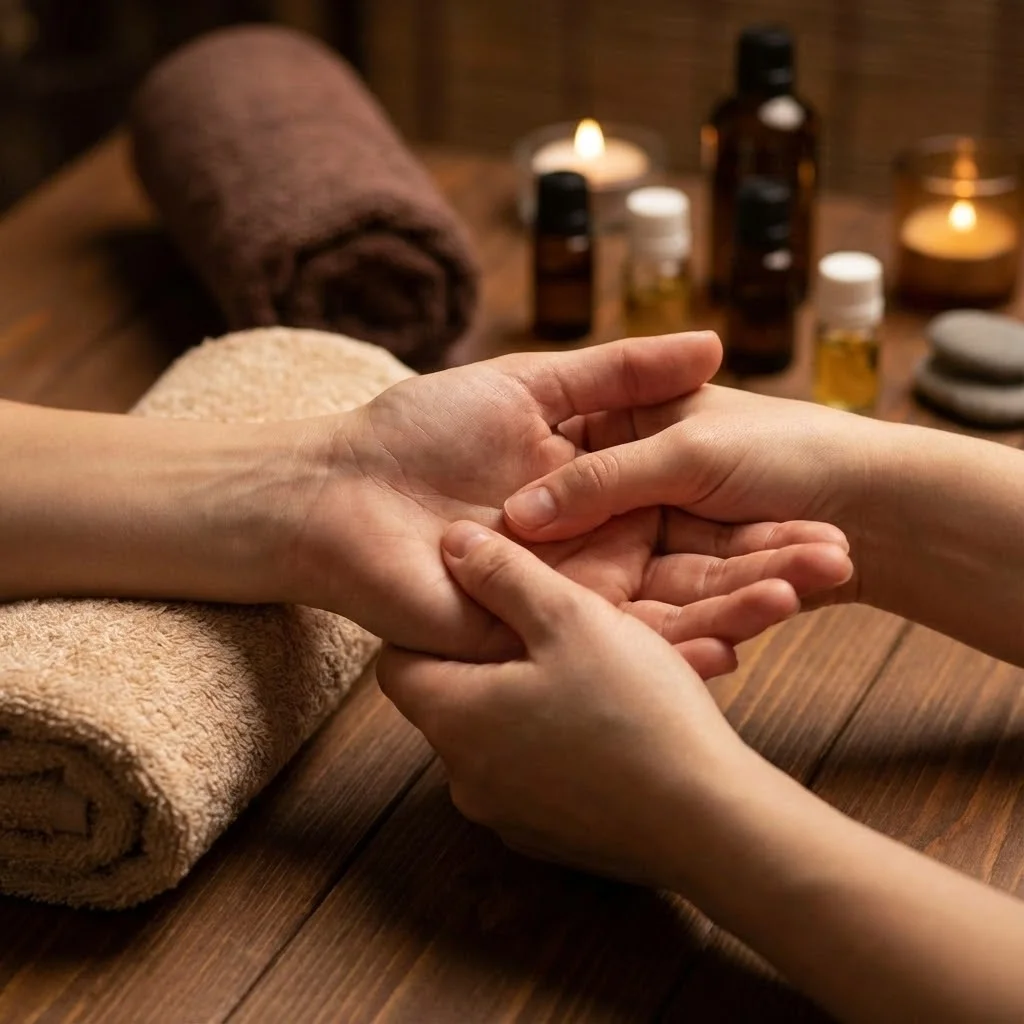 [image : mains d'un réflexologue pratiquant la réflexologie palmaire]