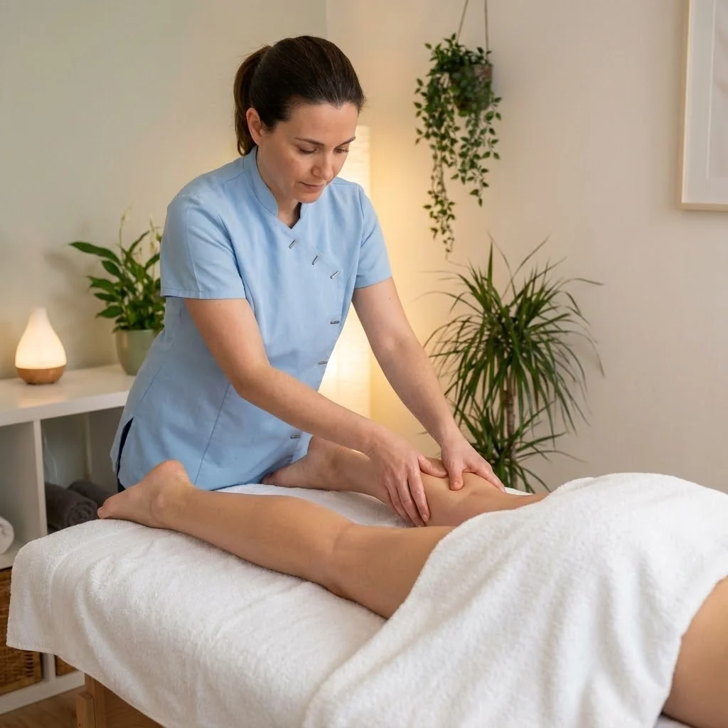 [image : Praticienne effectuant un drainage lymphatique sur les jambes d'une patiente]