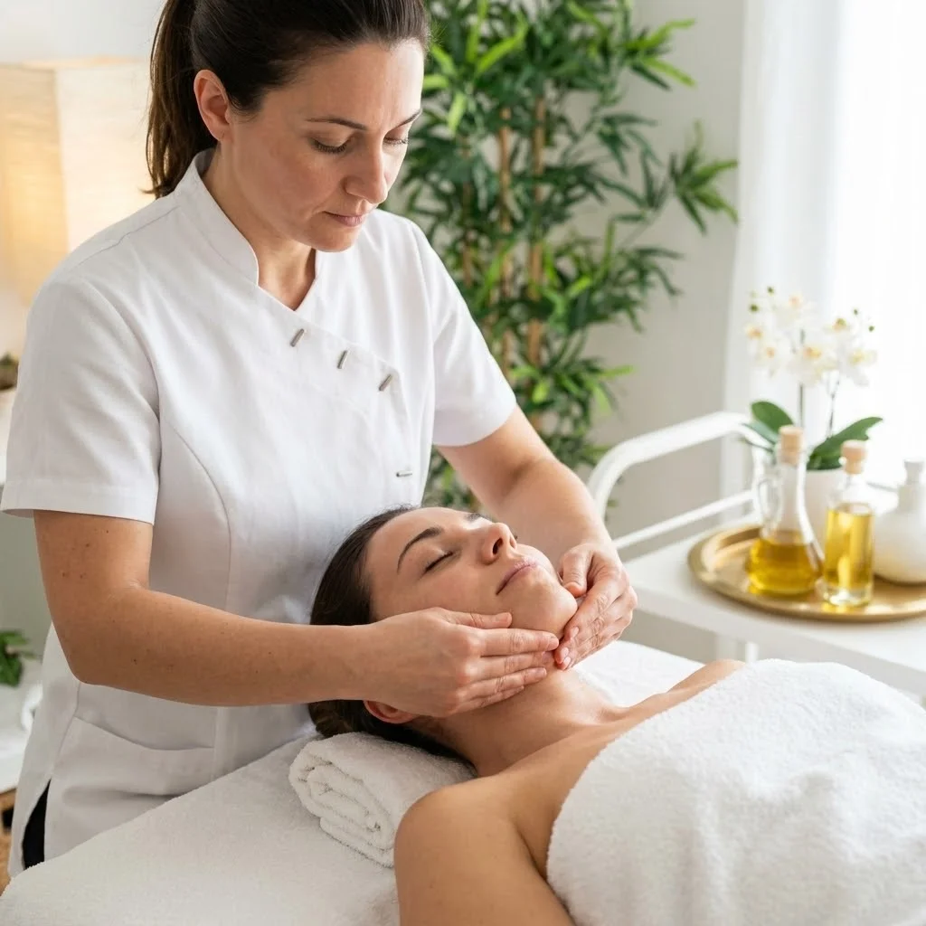[image : praticienne réalisant un massage drainant sur le visage d'une cliente]