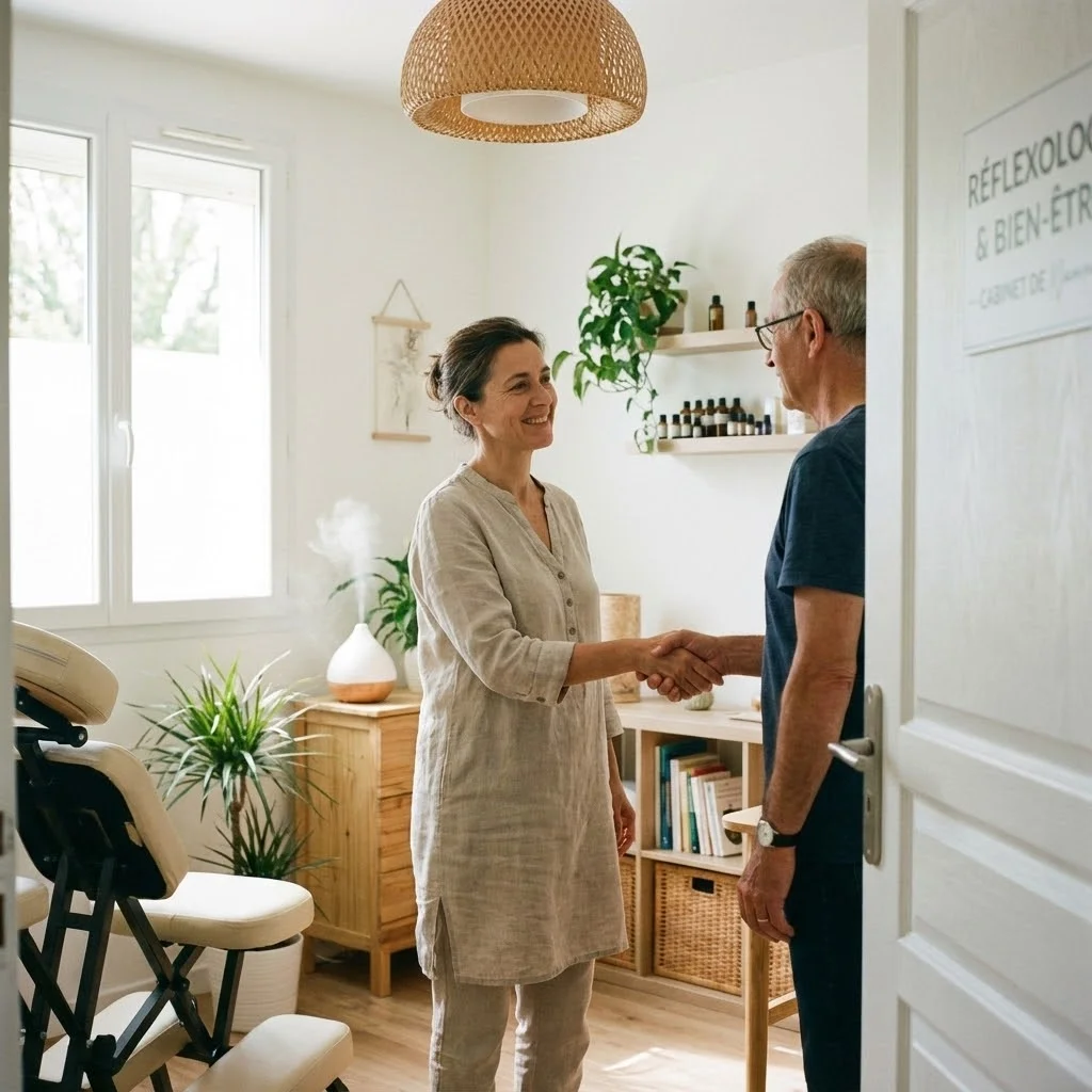 [image : réflexologue accueillant un client dans son cabinet]
