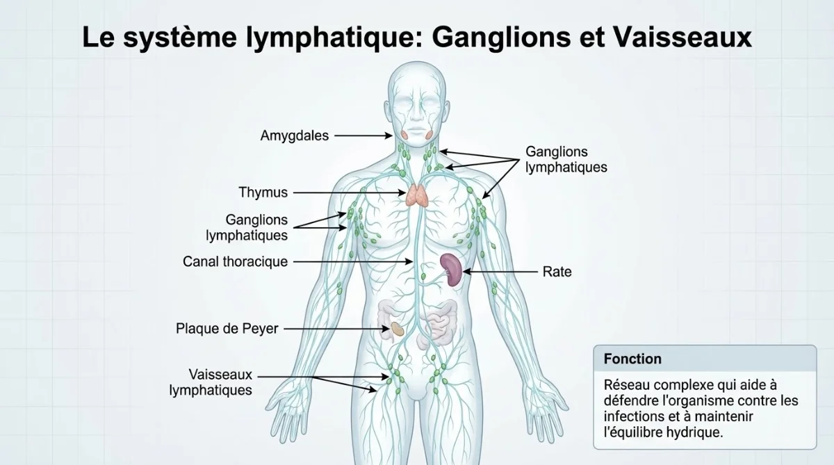 [image : Schéma anatomique du système lymphatique montrant les ganglions et vaisseaux principaux]
