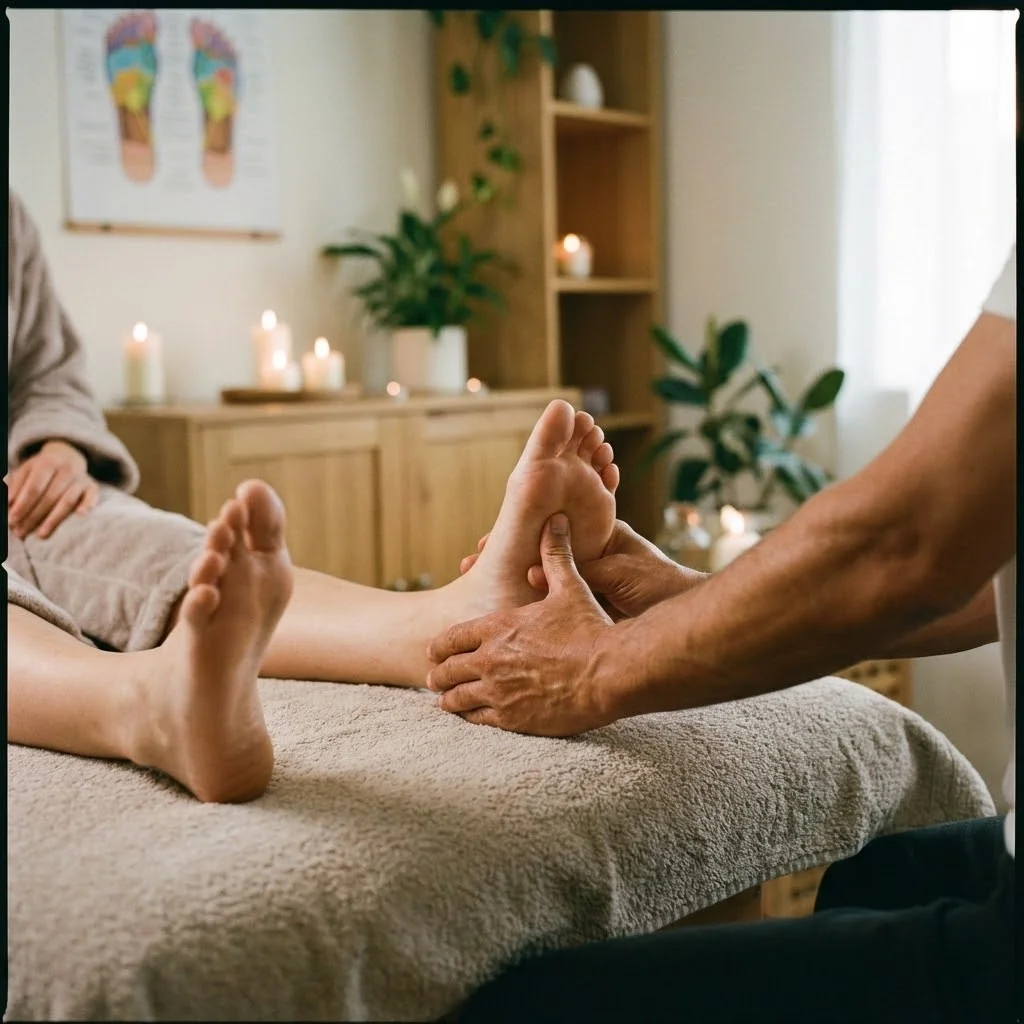 [image : séance de réflexologie plantaire avec pression sur la voûte]