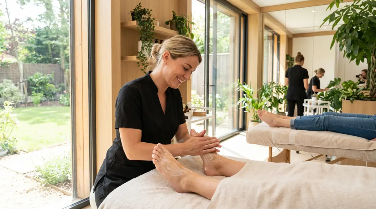 [image : Esthéticienne réalisant un massage des pieds après un calluspeeling, cadre lumineux d'un institut de beauté moderne]