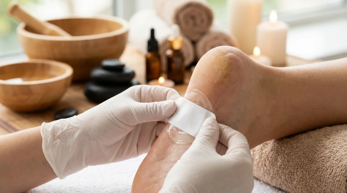 [image : Gros plan sur l'application de patchs de calluspeeling sur un talon, mains gantées d'une esthéticienne, ambiance spa professionnelle]