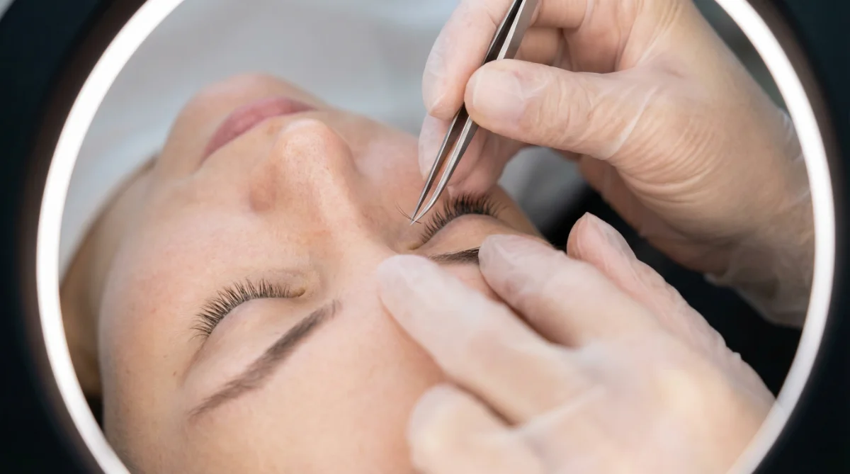 [image : Gros plan sur les mains d'une esthéticienne posant délicatement une extension de sourcil avec une pince fine, cliente allongée les yeux fermés, éclairage professionnel doux]