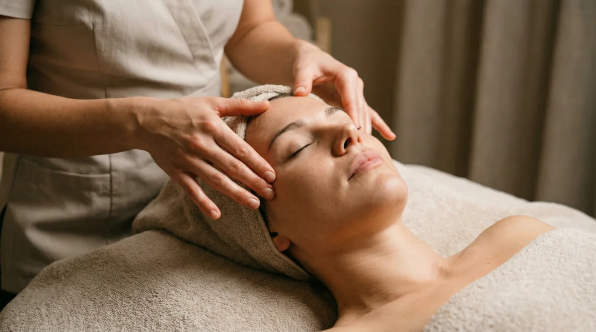 [image : Mains de praticienne réalisant des mouvements de stimulation sur les tempes d'une cliente, gros plan sur la technique, éclairage doux professionnel]