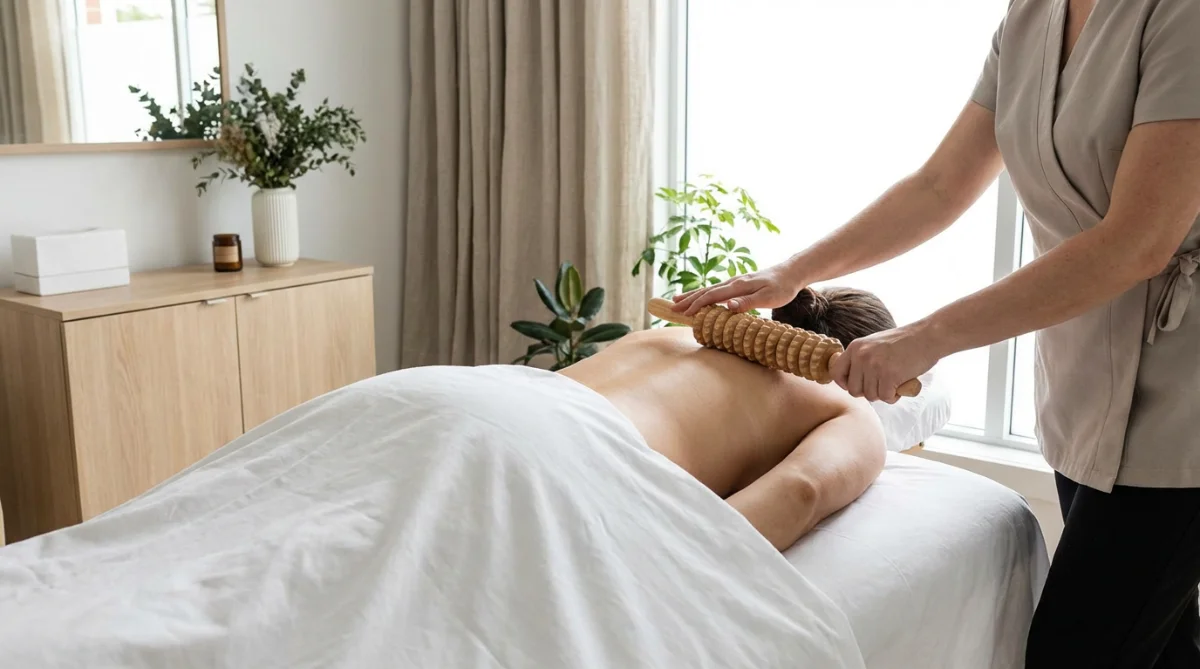 [image : Mains de praticienne utilisant un rouleau en bois sur le dos d'une cliente allongée sur table de massage, environnement professionnel épuré, lumière naturelle douce]