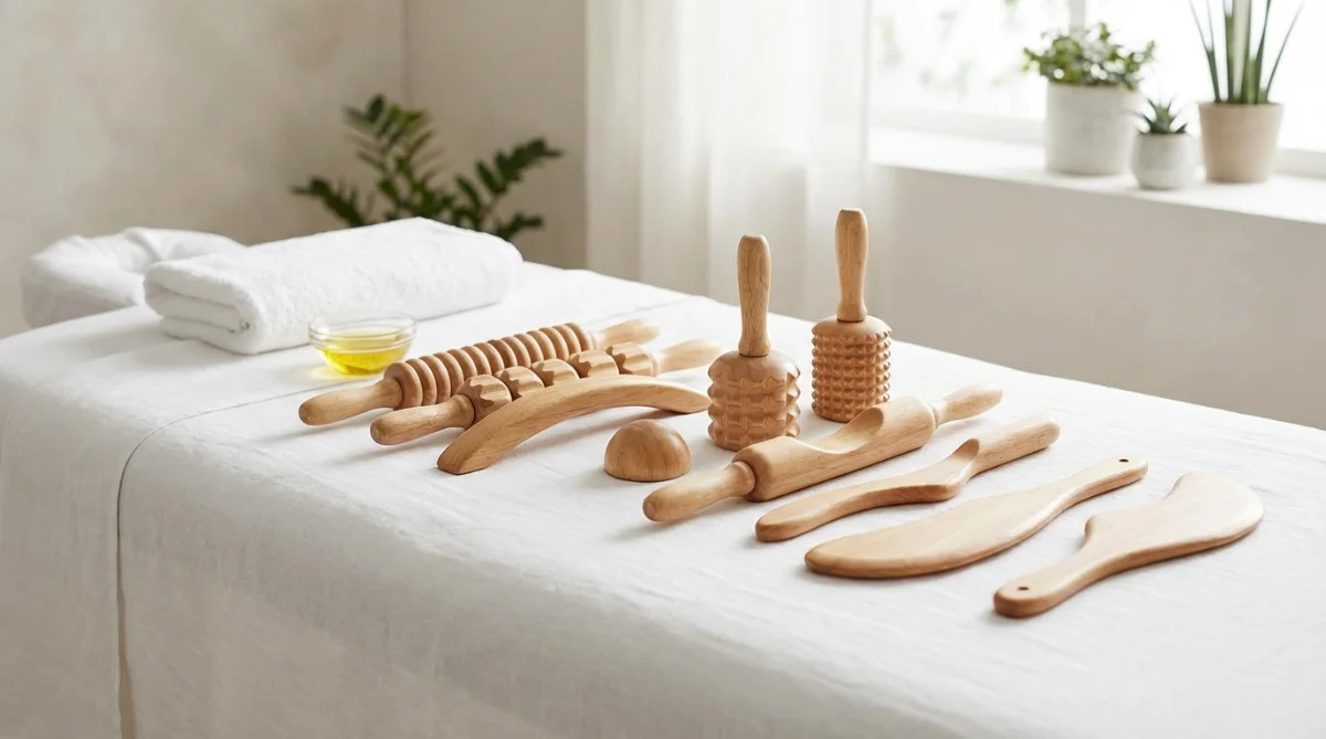 [image : Photo professionnelle montrant différents instruments de madérothérapie disposés sur une table de massage blanche, éclairage doux de spa, style minimaliste et épuré]