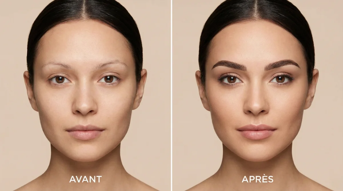 [image : Photo professionnelle split-screen montrant un visage féminin avec sourcils clairsemés à gauche et sourcils redessinés et fournis à droite, éclairage studio, fond neutre, qualité magazine beauté]