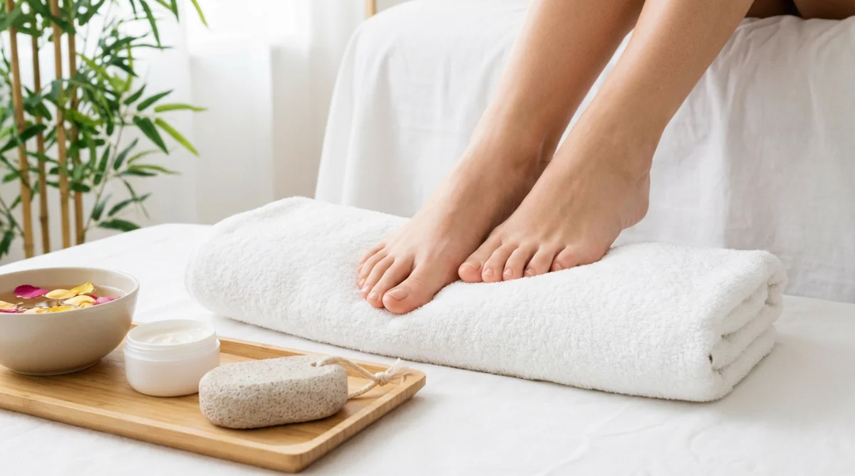 [image : Pieds féminins soignés posés sur une serviette blanche après un calluspeeling, mise en scène épurée suggérant le bien-être et la beauté]