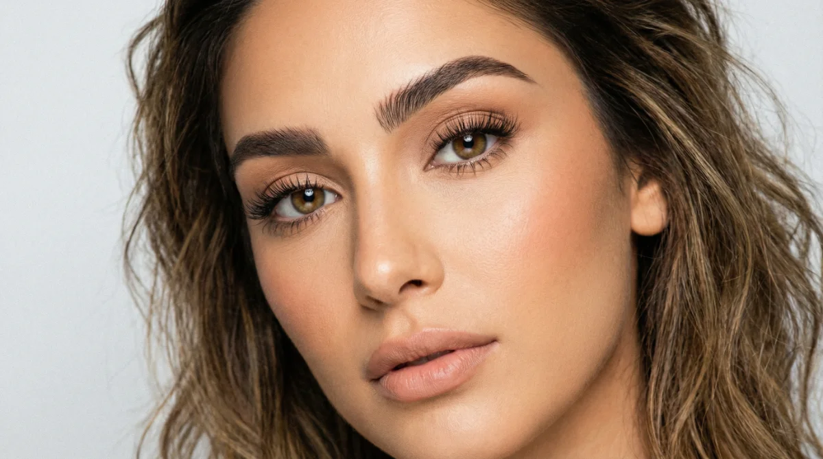 [image : Portrait beauté d'une femme aux sourcils parfaitement dessinés et aux cils sublimés, regard expressif vers l'objectif, maquillage naturel, éclairage professionnel valorisant le visage]