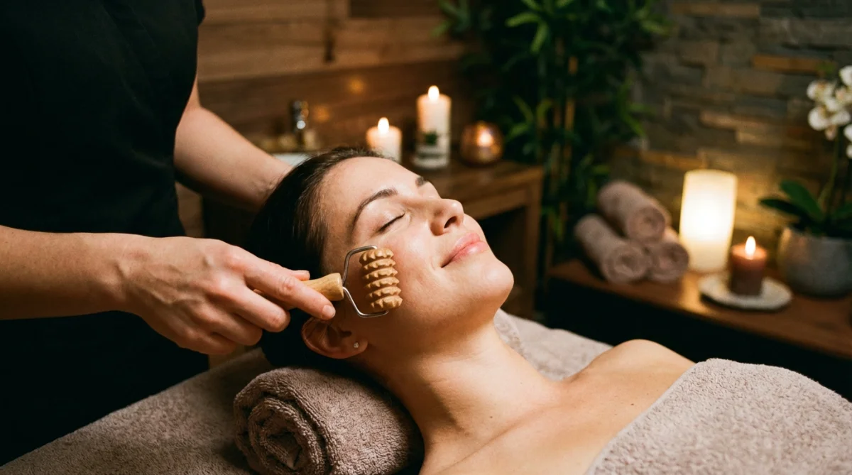 [image : Portrait d'une femme recevant un soin de madérothérapie faciale avec un petit instrument en bois sur la joue, expression détendue, ambiance spa professionnelle avec lumière tamisée]