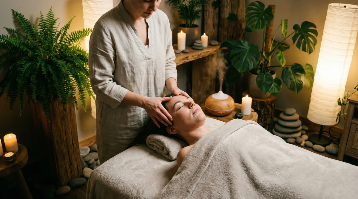 [image : Praticienne effectuant des pressions douces sur le crâne d'une cliente allongée sur table de massage, ambiance spa zen avec lumière tamisée et plantes vertes]