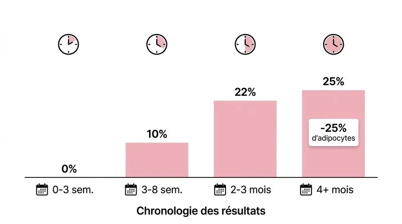 Infographie chronologique des résultats de la cryolipolyse entre 0 et 4 mois avec pourcentage de réduction adipocytaire