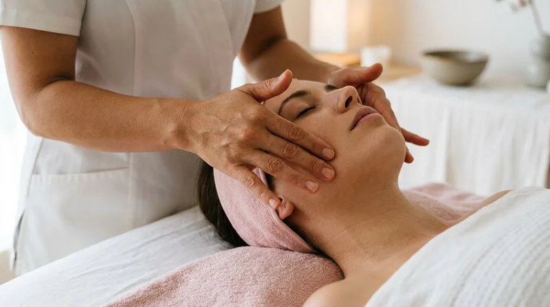 Esthéticienne professionnelle réalisant un massage Kobido sur le visage d'une cliente en institut