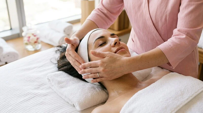 Esthéticienne réalisant les gestes liftants du massage kobido sur le visage d'une cliente