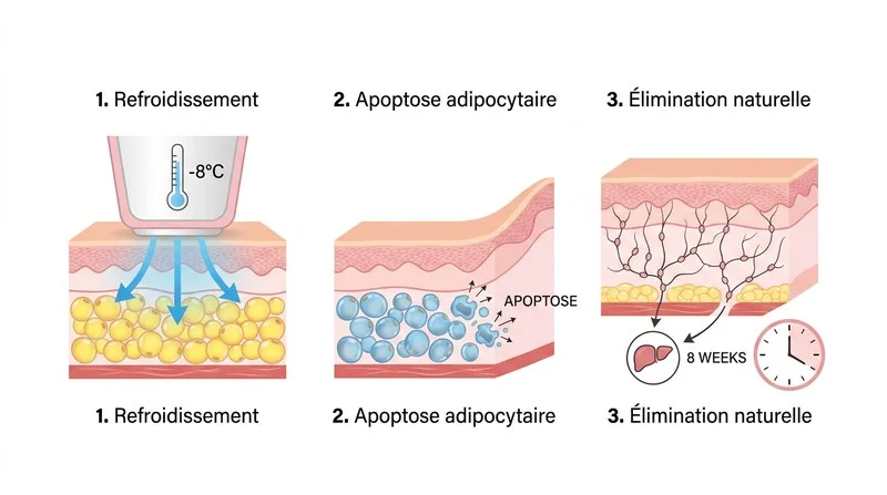 Schéma du mécanisme de la cryolipolyse en trois étapes : refroidissement à -8°C, apoptose des adipocytes, élimination lymphatique sur 8 semaines