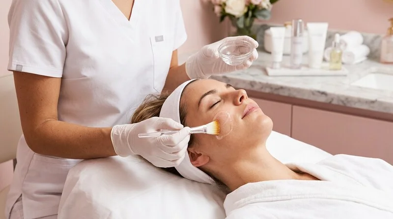 Protocole type d'un peeling visage en institut, application du produit par une esthéticienne