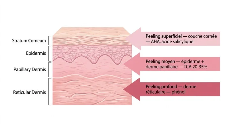 Schéma des trois profondeurs de peeling visage avec correspondance acides et indications