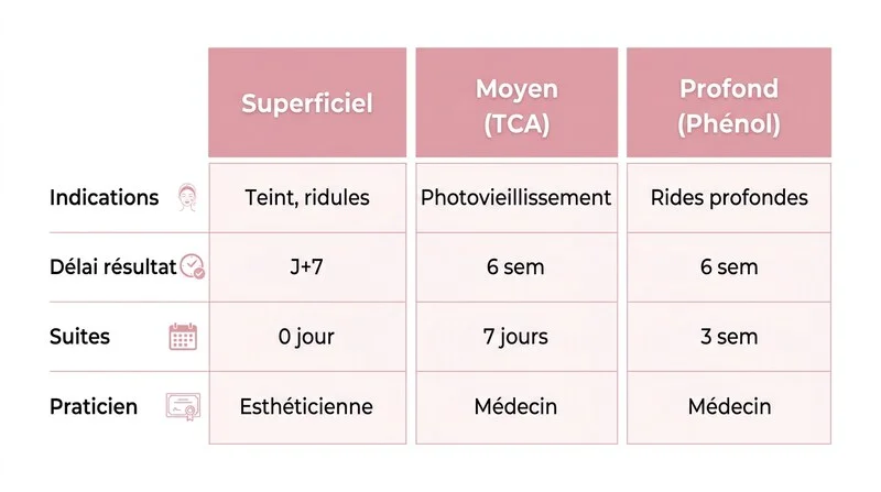 Tableau comparatif des résultats avant après par type de peeling visage avec délais et indications